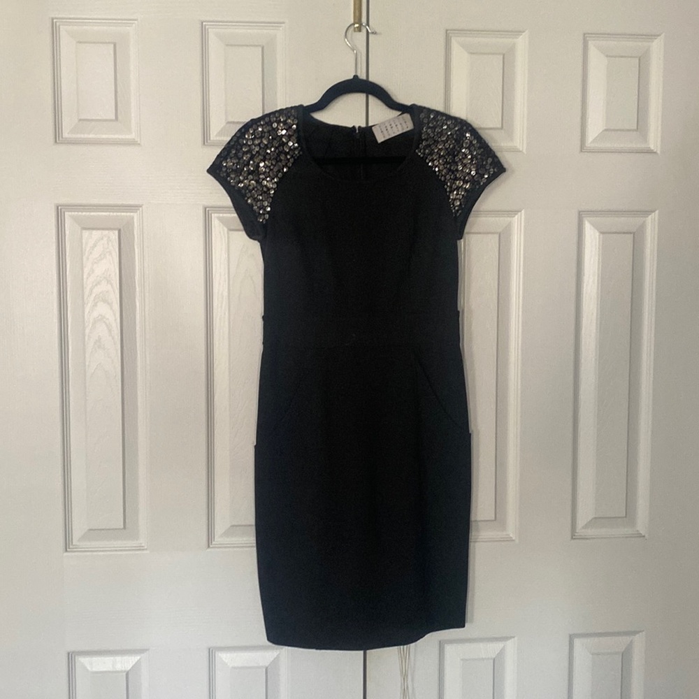 Jodi Arnold black bodycon dress with sequin shoulders